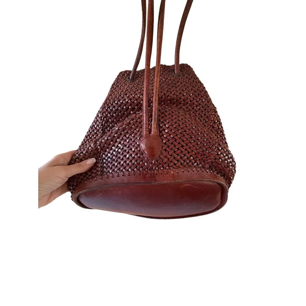 DKNY Womens Backpack Brown Woven Leather Vintage 1990s Casual